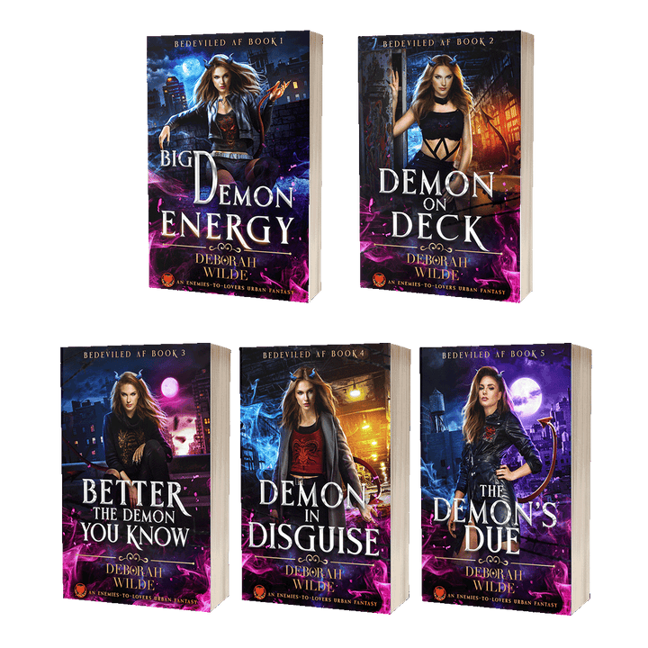 Set of five paperback covers from the 'Bedeviled AF' series by Deborah Wilde.  Big Demon Energy, Demon on Deck, Better the Demon You Know, Demon in Disquise and The Demon's Due.
