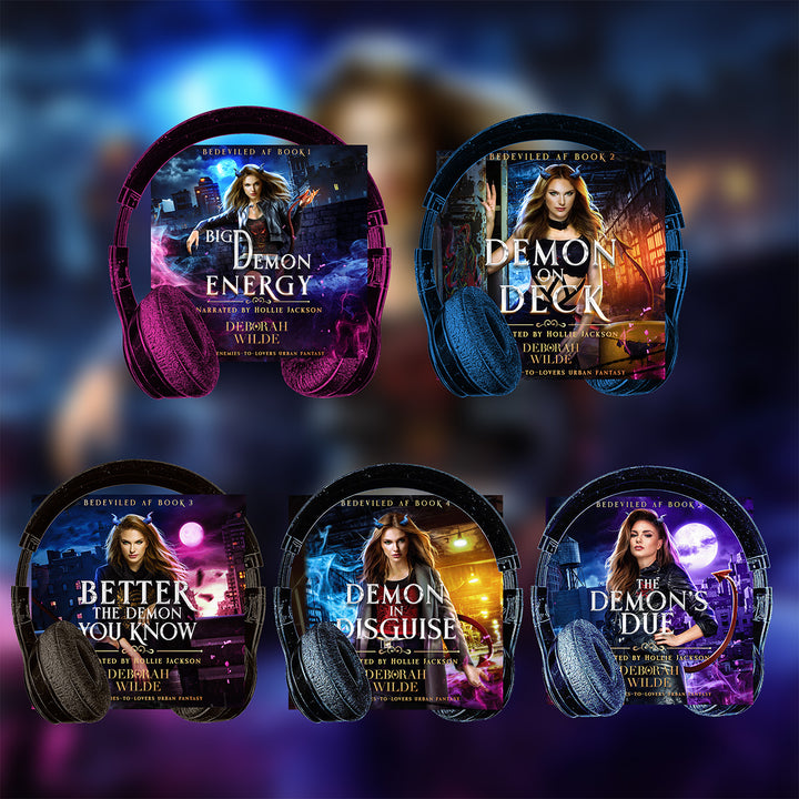 Set of five audiobook covers from the 'Bedeviled AF' series by Deborah Wilde.  Featuring: Big Demon Energy, Demon on Deck, Better the Demon You Know, Demon in Disquise and The Demon's Due.