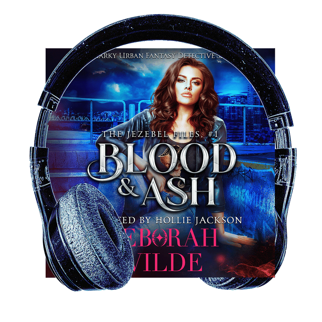 Cover of Blood & Ash with headphones. Funny, sexy, urban fantasy.