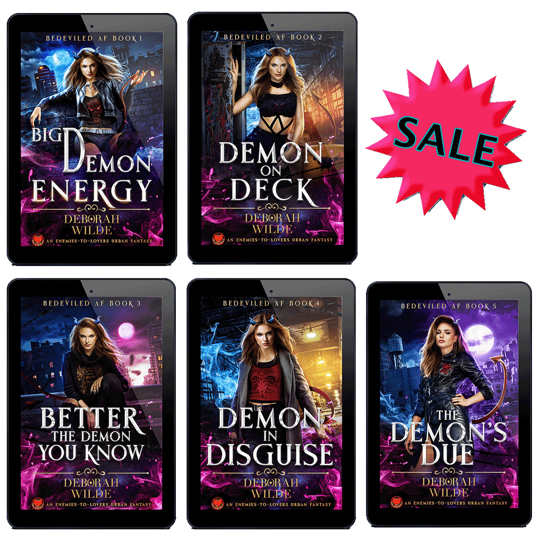 Covers of all five books in the Bedeviled AF series with a SALE sticker.