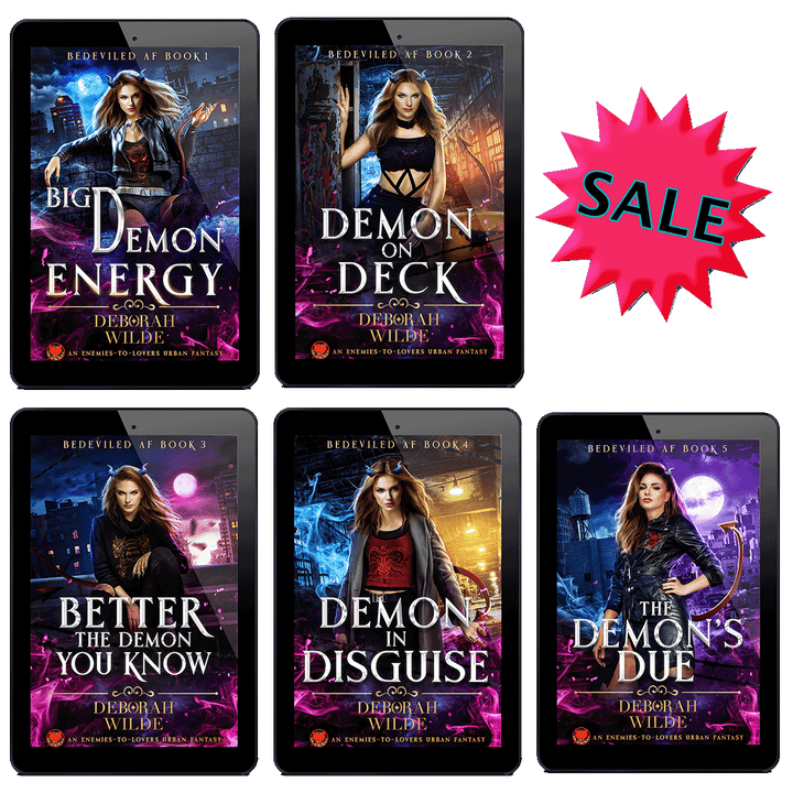 Covers of all five books in the Bedeviled AF series with a SALE sticker.