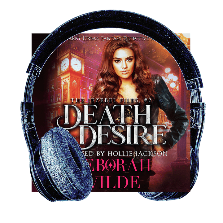 Cover of Death & Desire with headphones. Funny, sexy, urban fantasy.