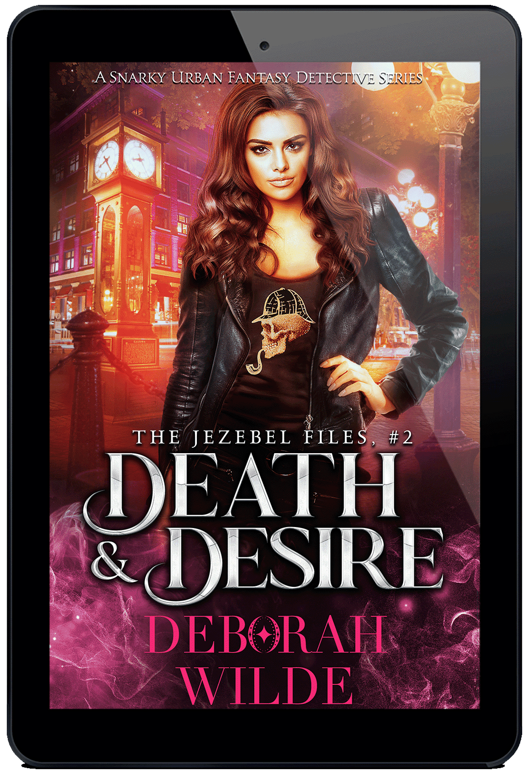 Ebook cover for "Death & Desire" by Deborah Wilde. A brunette stands on a warmly lit Gastown corner at night. Her leather jacket is open to reveal a tank top with a skull in deerstalker hat smoking a pipe logo.