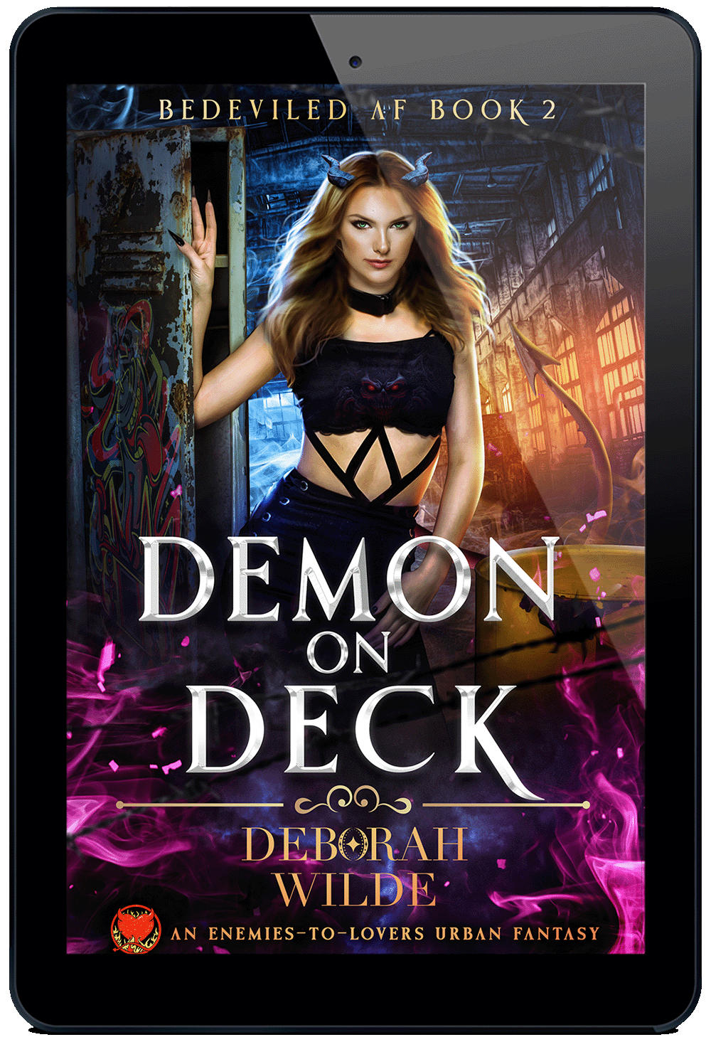 Ebook cover for "Demon on Deck" by Deborah Wilde. A woman with small blue horns and a red tail wearing a black crop top stands in an urban industrial area with purple magic swirls.