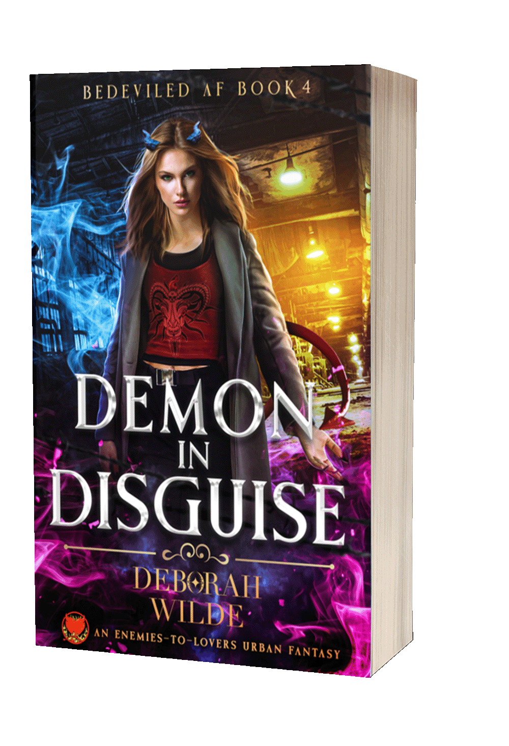 Paperback cover of "Demon in Disguise" by Deborah Wilde. A woman with blue horns and red tail in a trench coat stands in an urban alley wth magic swirls surrounding her.