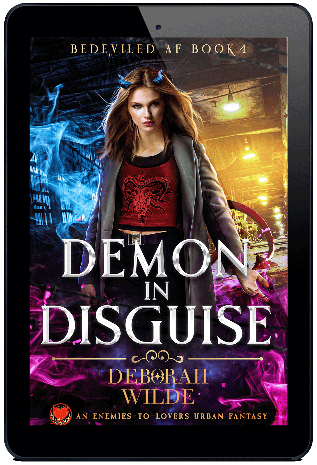 Ebook cover of "Demon in Disguise" by Deborah Wilde. A woman with blue horns and red tail in a trench coat stands in an urban alley wth magic swirls surrounding her.
