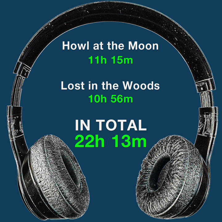 Headphones surround audiobook run times of "Howl at the Moon" 11 hours and 15 minutes, and "Lost in the Woods" 10 hours and 56 minutes.