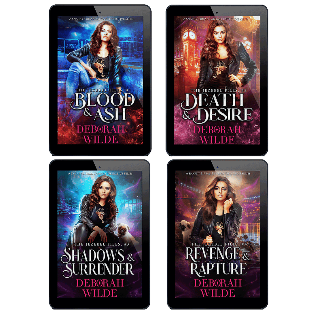 Covers of first 4 ebooks in "The Jezebel Files" series by Deborah Wilde. including; "Blood & Ash", "Death & Desire", "Shadows & Surrender", and "Revenge & Rapture".