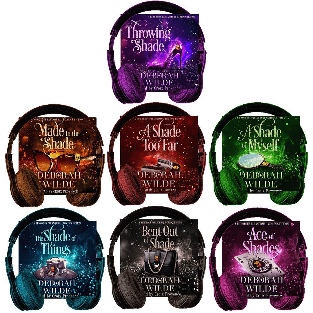 Audiobook covers for all 7 books in "Magic After Midlife", by Deborah Wilde, narrated by Croix Provence. Titles included; "Throwing Shade", "Made in the Shade", "A Shade Too Far", "A Shade of Myself", "The Shade of Things", "Bent out of Shade", and "Ace of Shades".