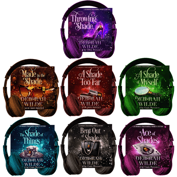 Audiobook covers for all 7 books in "Magic After Midlife", by Deborah Wilde, narrated by Croix Provence. Titles included; "Throwing Shade", "Made in the Shade", "A Shade Too Far", "A Shade of Myself", "The Shade of Things", "Bent out of Shade", and "Ace of Shades".