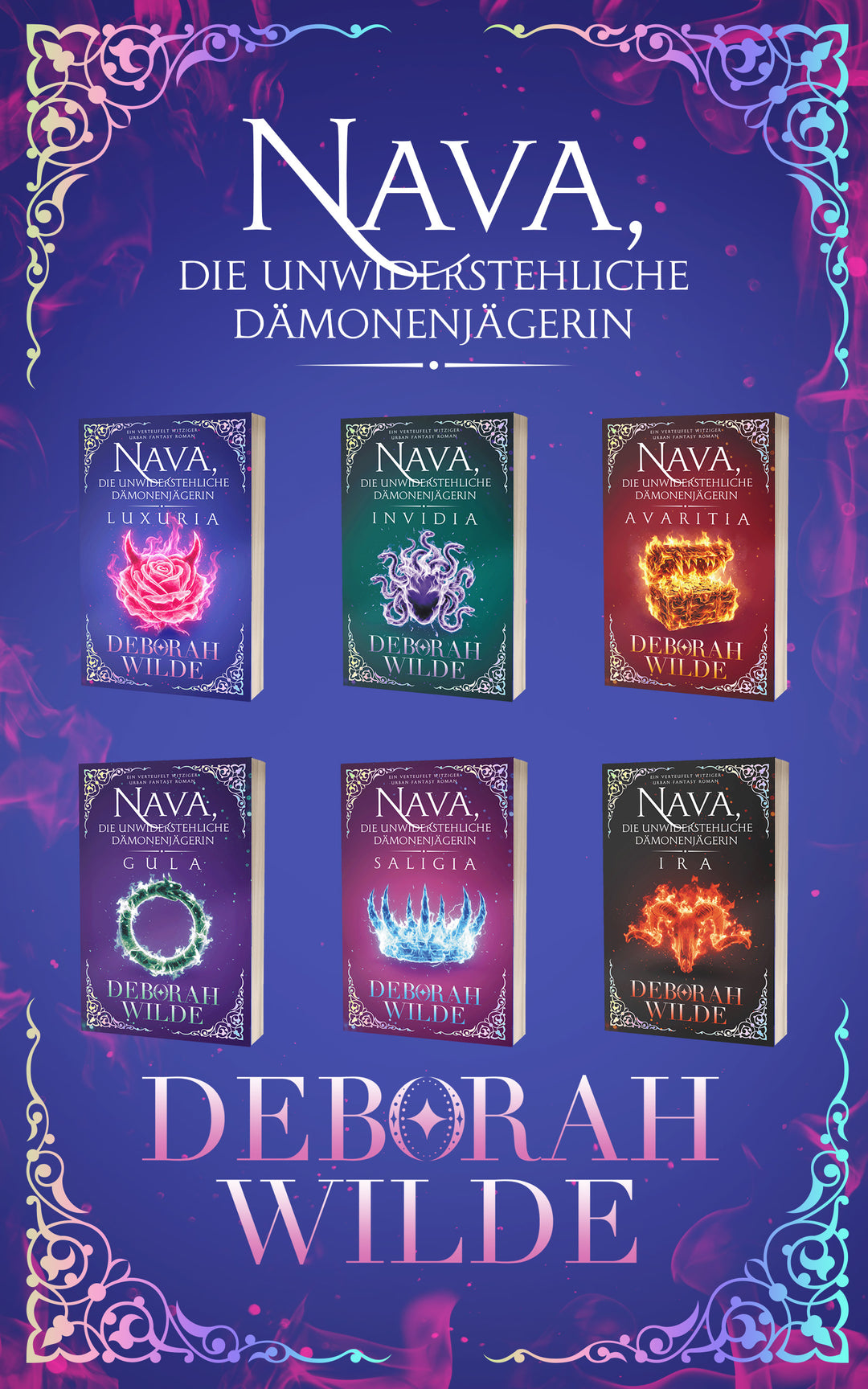 „Buchcover des epischen Taschenbuch-Sammelbands „Nava Katz: Die unwiderstehliche Dämonenjägerin – Die komplette Reihe“ von Deborah Wilde, der alle sechs Bände der Urban-Fantasy-Serie umfasst.“