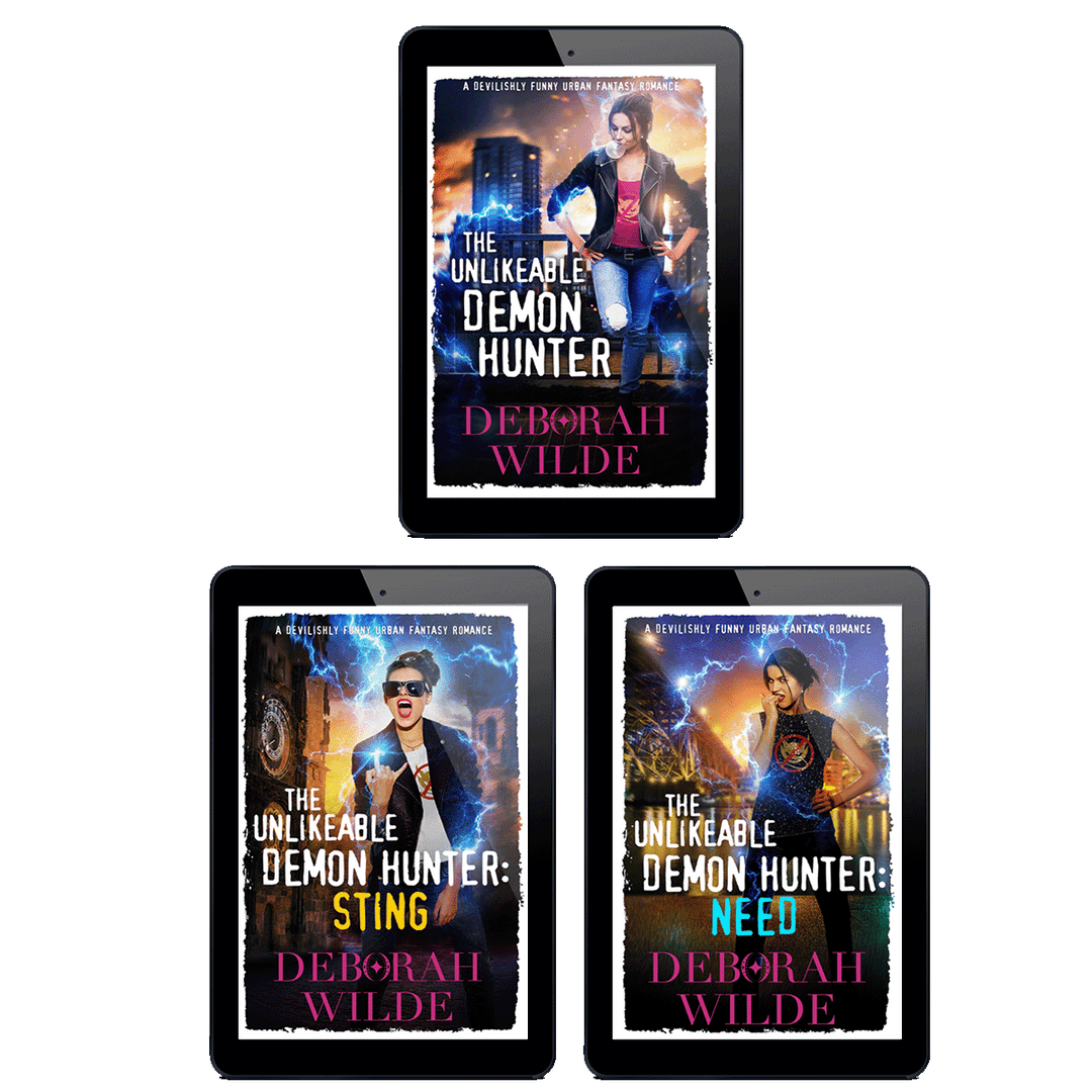 Covers for the first 3 ebooks in the Nava Katz series by Deborah Wilde. Titles included; The Unlikeable Demon Hunter", "The Unlikeable Demon Hunter: Sting", "The Unlikeable Demon Hunter: Crave", and "The Unlikeable Demon Hunter: Need".