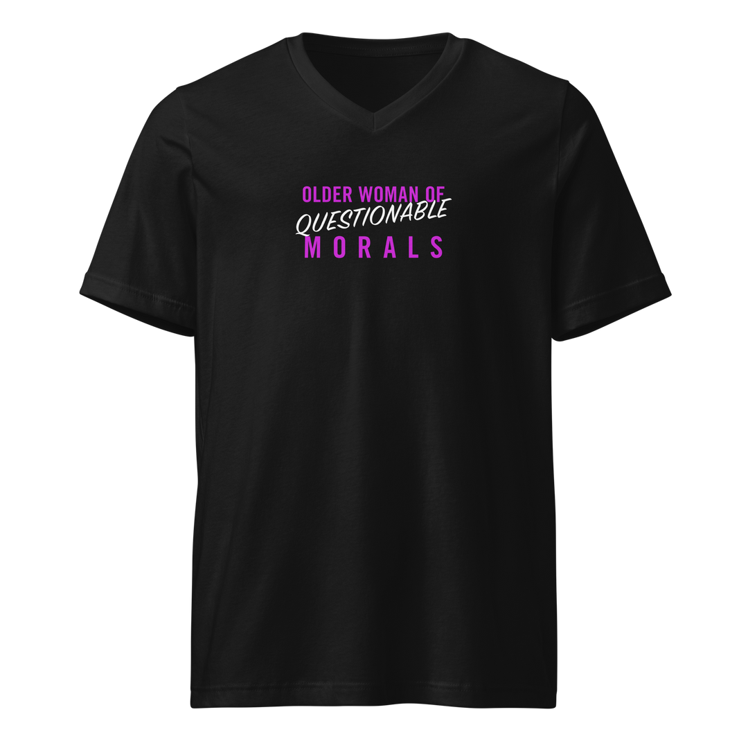 Black V-neck t-shirt with pink and white text that reads “Older Woman of Questionable Morals”