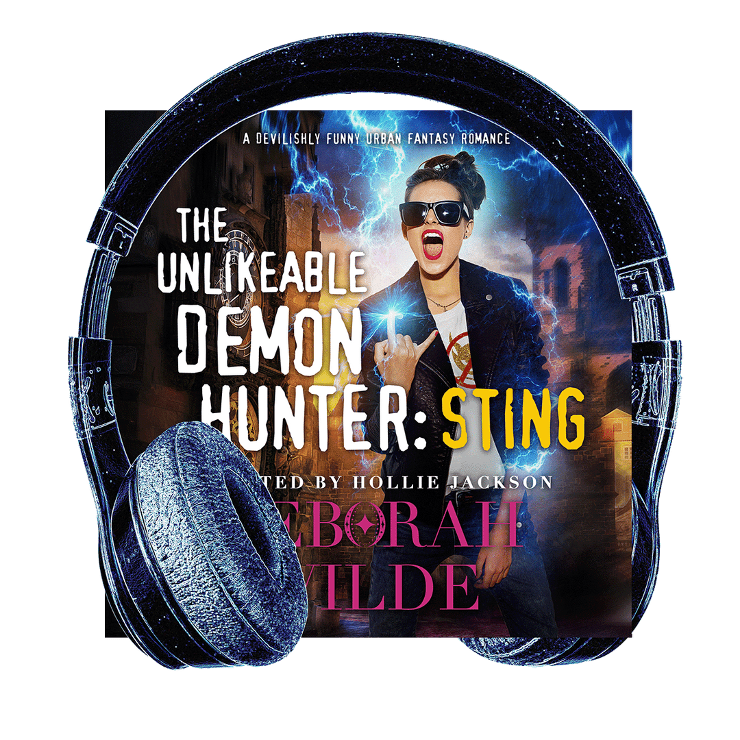 Headphones surround audiobook cover for "The Unlikeable Demon Hunter: Sting" by Deborah Wilde, narrated by Hollie Jackson. A brunette with dark sunglasses, and red lipstick, makes devil horns with her hand as lightning forks around her.