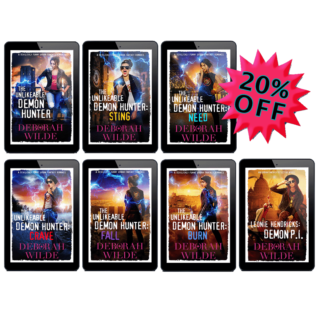 All seven Unlikeable Demon Hunter  urban fantasy book covers with a 20% off sticker.
