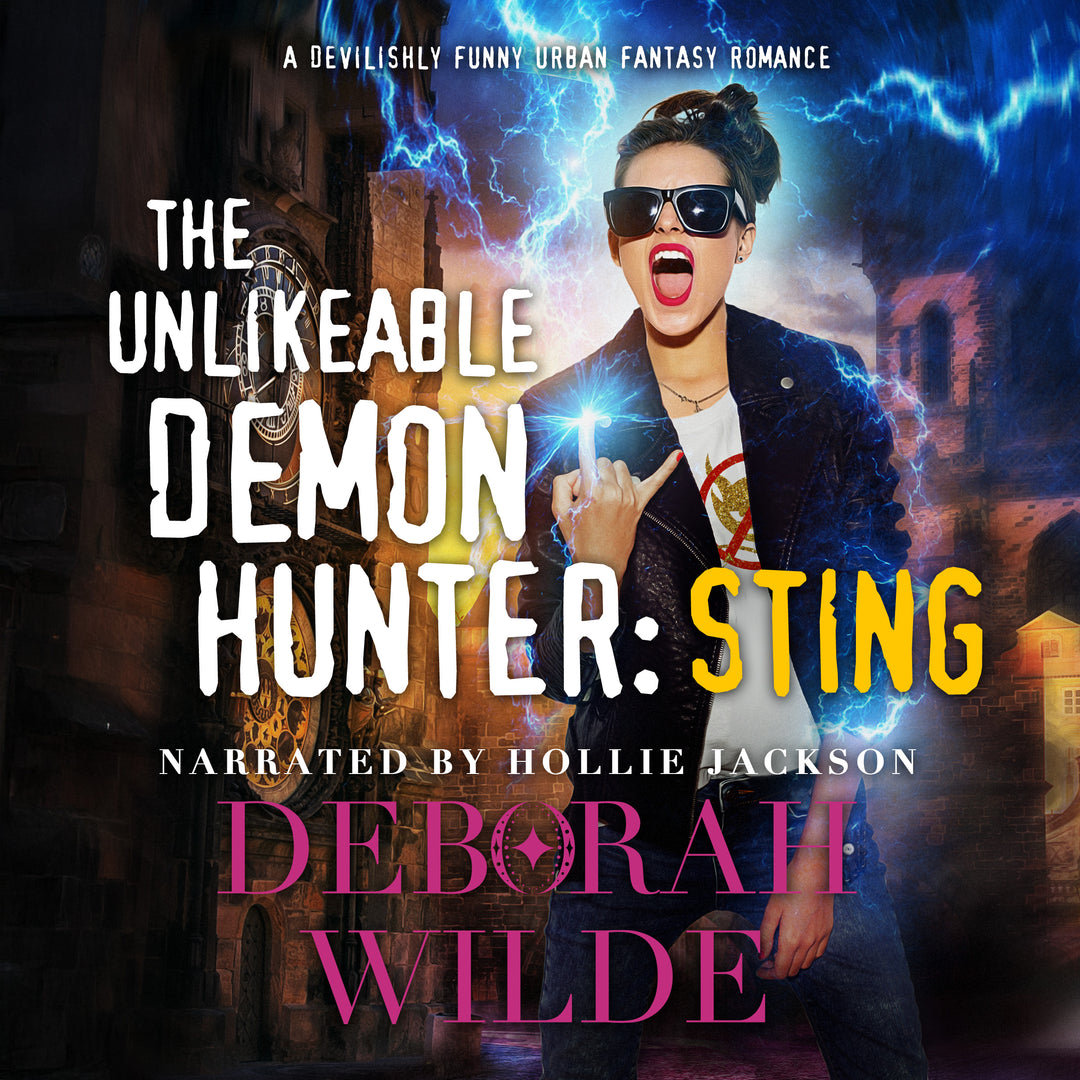 Audiobook cover for "The Unlikeable Demon Hunter: Sting" by Deborah Wilde, narrated by Hollie Jackson. A brunette with dark sunglasses, and red lipstick, makes devil horns with her hand as lightning forks around her.