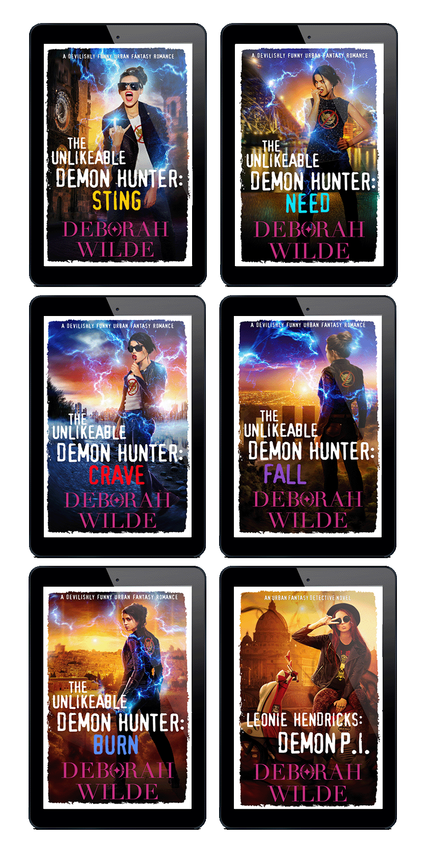 Ebook covers for books 2-7 in the "Nava Katz" series by Deborah Wilde. Including: "The Unlikeable Demon Hunter: Sting", "The Unlikeable Demon Hunter: Crave", "The Unlikeable Demon Hunter: Need", "The Unlikeable Demon Hunter: Fall", "The Unlikeable Demon Hunter: Burn", and "Leonie Hendricks: Demon P.I.".