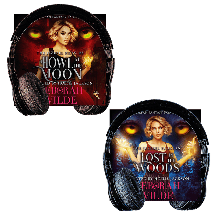 Audiobook covers of final two books in "The Jezebel Files" by Deborah Wilde, narrated by Hollie Jackson. Including  "Howl at the Moon", and "Lost in the Woods".