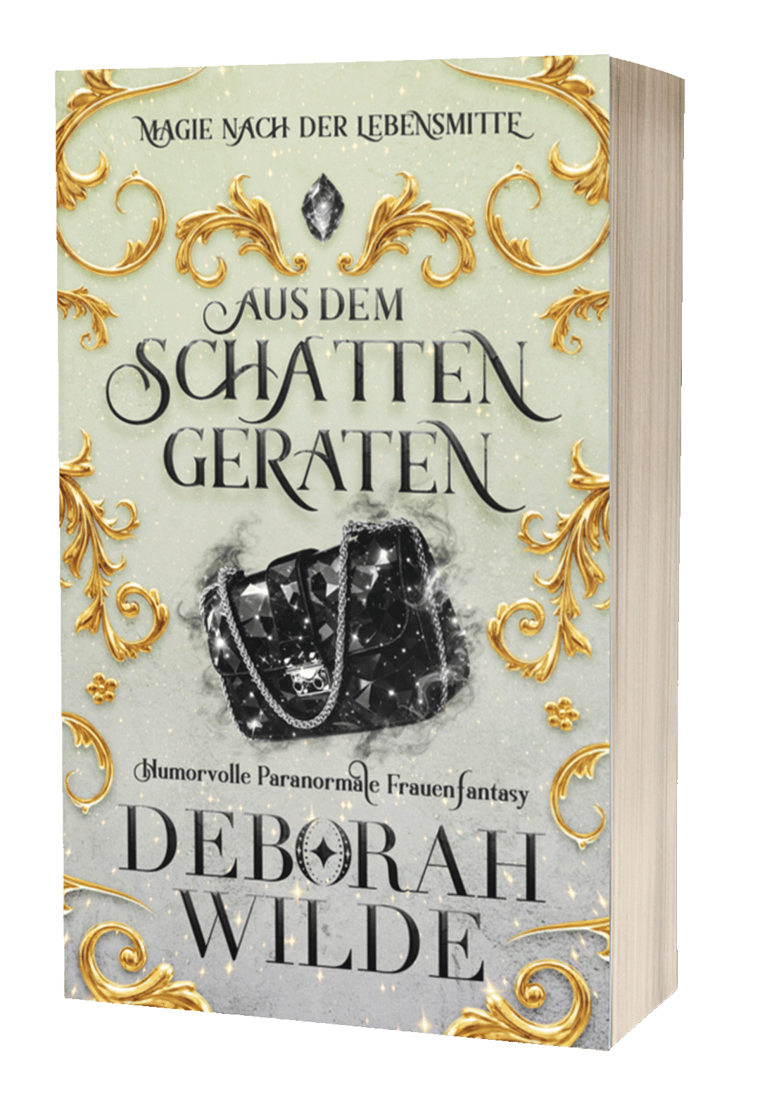 Verziertes Buchcover für „Aus dem Schatten geraten“, mit einer glitzernden schwarzen Handtasche und magischen Nebelschwaden.