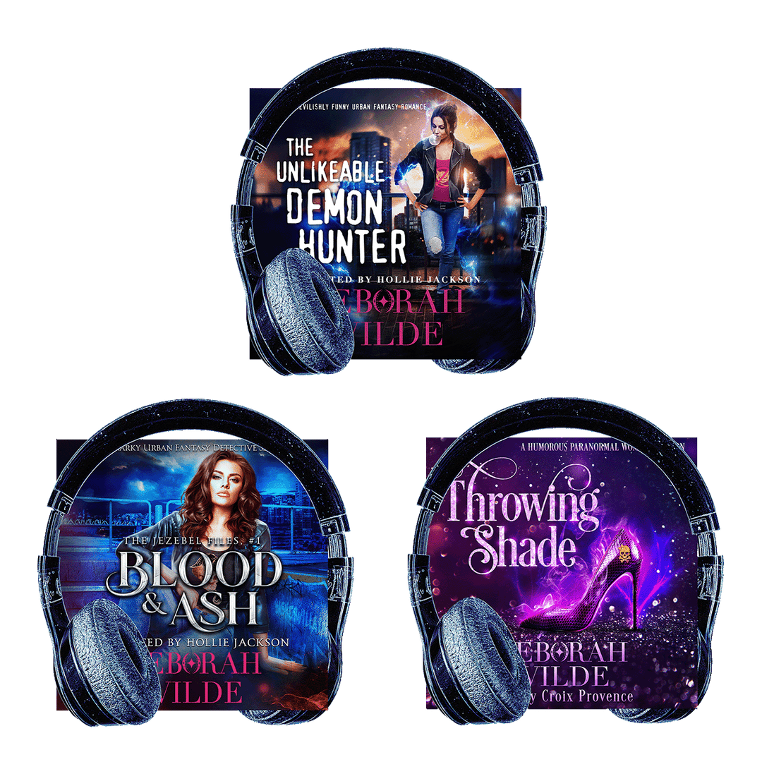 Three book covers with headphones make up the Epic Badassery bundle, including; "The Unlikeable Demon Hunter", "Blood & Ash", and "Throwing Shade" 