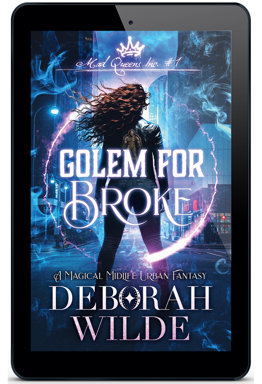 A tablet device displaying a book cover for "Golem for Broke" by Deborah Wilde. The cover art features a woman with long flowing hair in front of a glowing blue futuristic city scene with a large golem figure and electric purple energy effects.