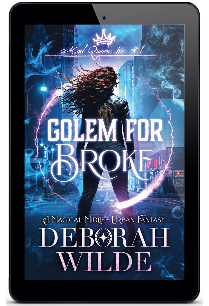 A tablet device displaying a book cover for "Golem for Broke" by Deborah Wilde. The cover art features a woman with long flowing hair in front of a glowing blue futuristic city scene with a large golem figure and electric purple energy effects.