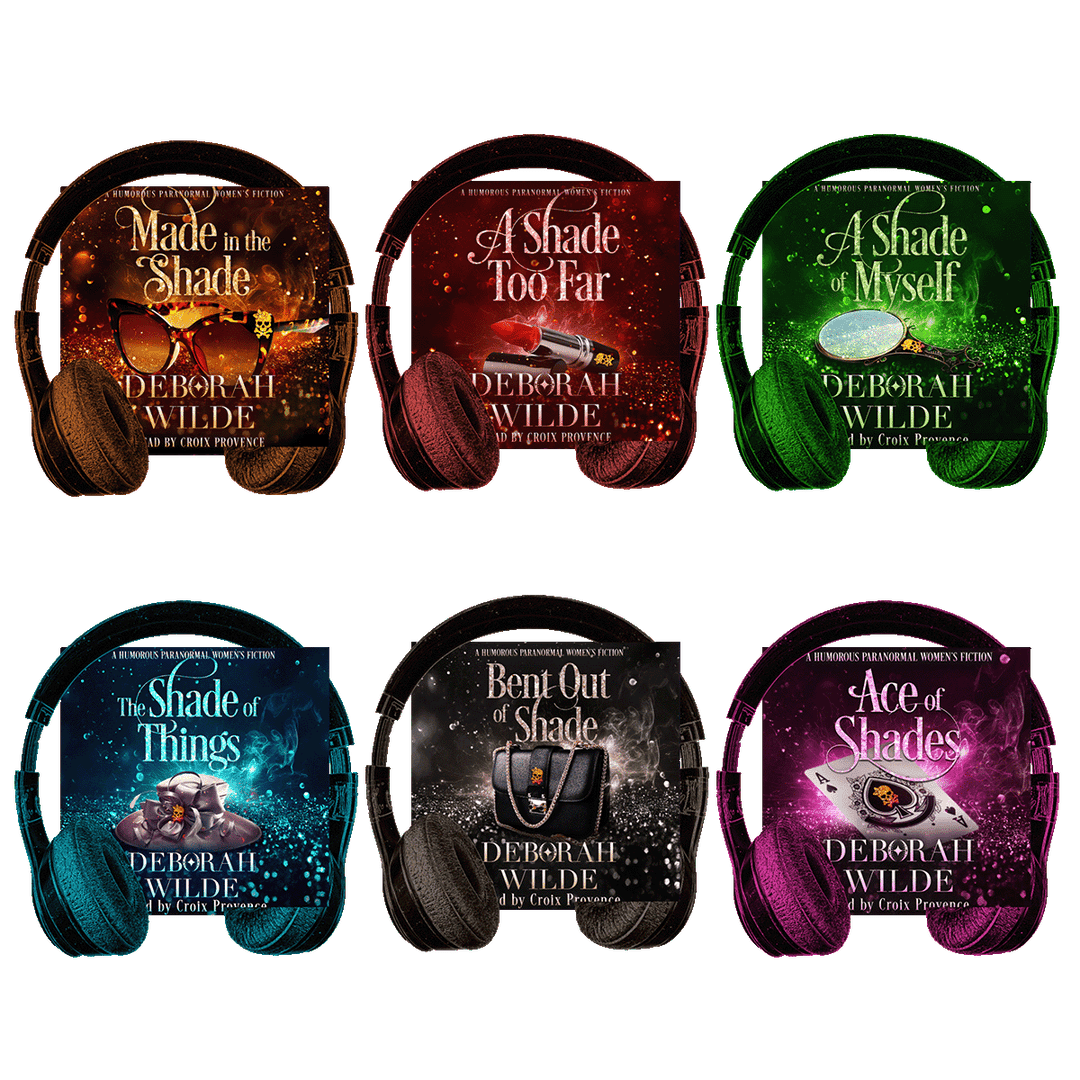 Covers of urban fantasy audiobooks 2-7 in the "Magic After Midlife" series by Deborah Wilde. Books included are "Made in the Shade", "A Shade Too Far", "A Shade of Myself", "The Shade of Things", "Bent out of Shade", and "Ace of Shades"