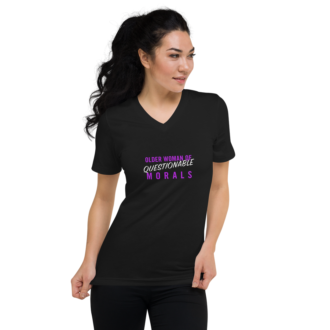 Product mockup black v-neck tshirt with works "Older woman of questionable morals"