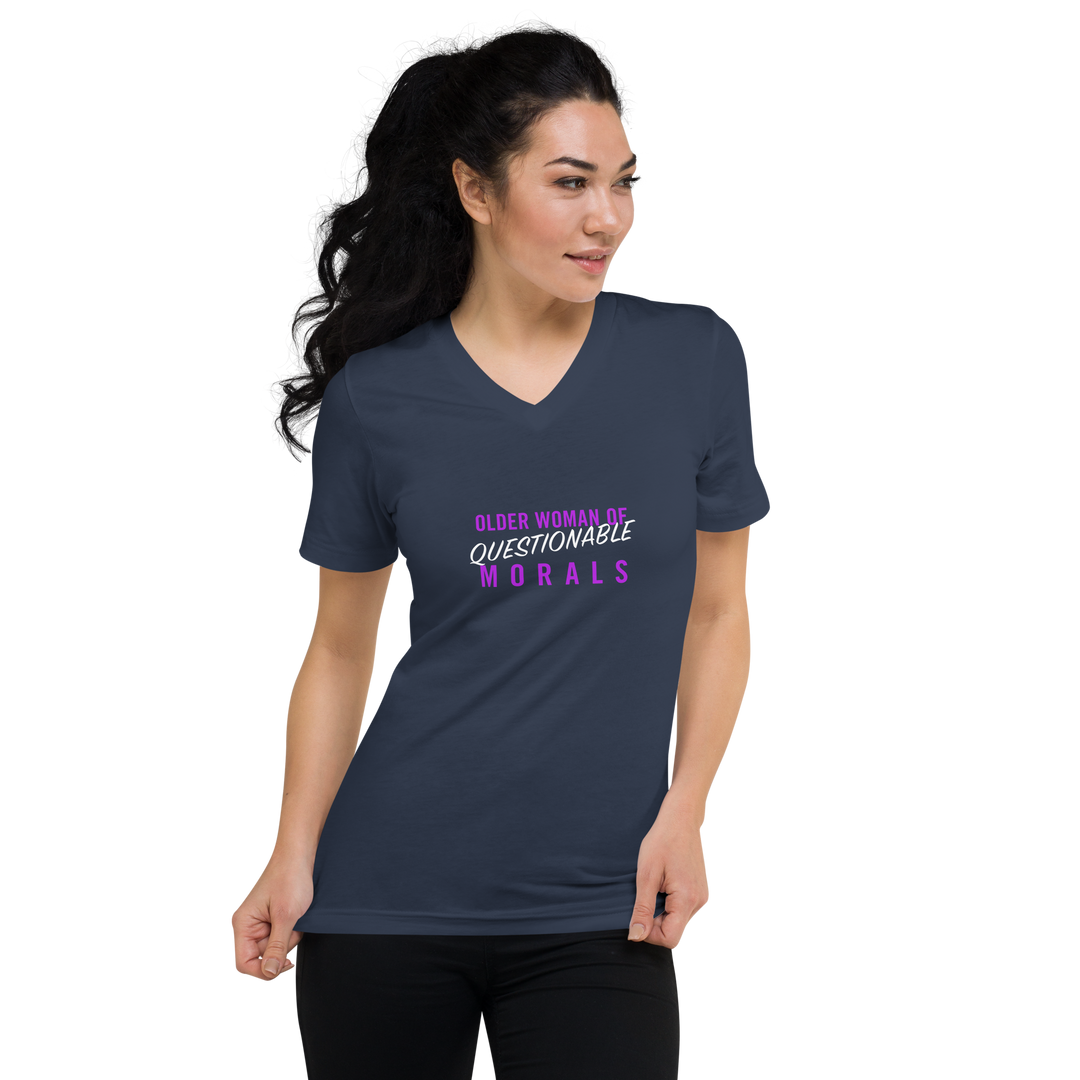 Product mockup navy v-neck tshirt with text "older woman of qeustionable morals"