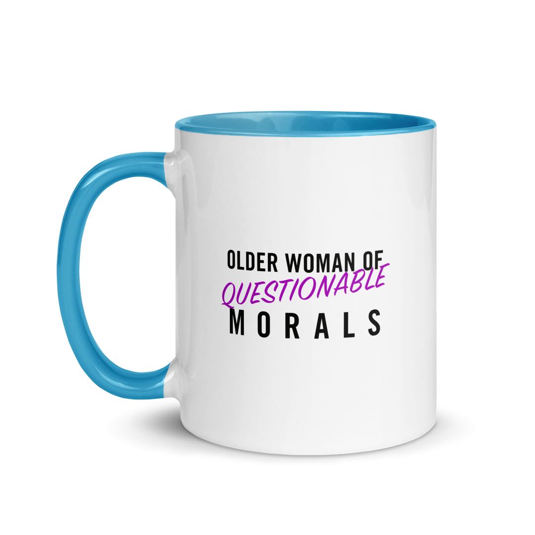 Product mockup white and blue ceramic mug with text 'Older woman of questionable morals'.