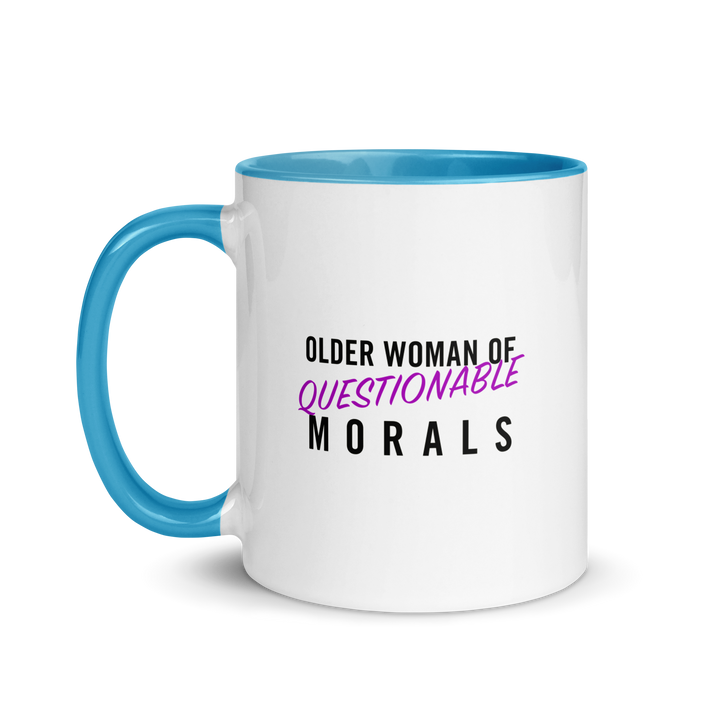 Product mockup white and blue ceramic mug with text 'Older woman of questionable morals'.