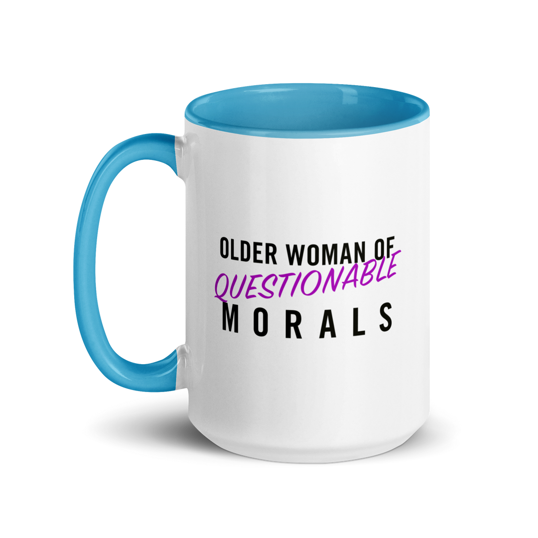 Product mockup white and light blue ceramic mug with text 'Older woman of questionable morals'.