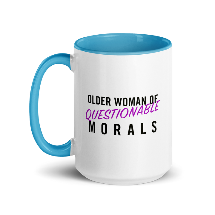 Product mockup white and light blue ceramic mug with text 'Older woman of questionable morals'.