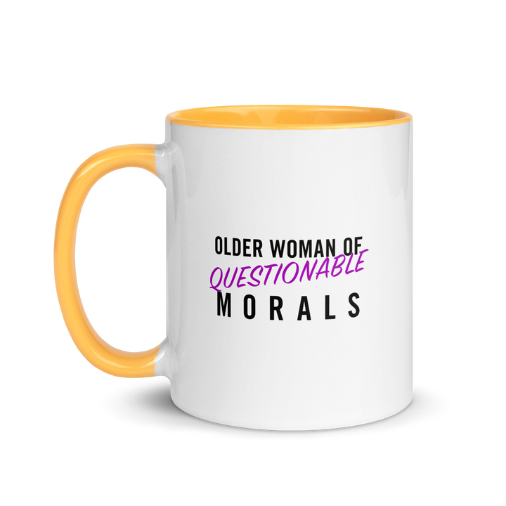 Product mockup white and orange ceramic mug with text 'Older woman of questionable morals'.