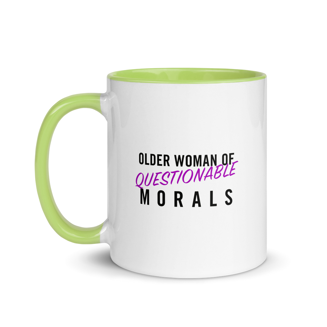 Product mockup white and light green mug with text 'Older woman of questionable morals'.