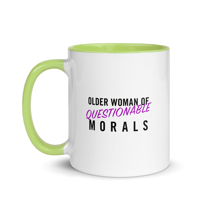 Product mockup white and light green mug with text 'Older woman of questionable morals'.