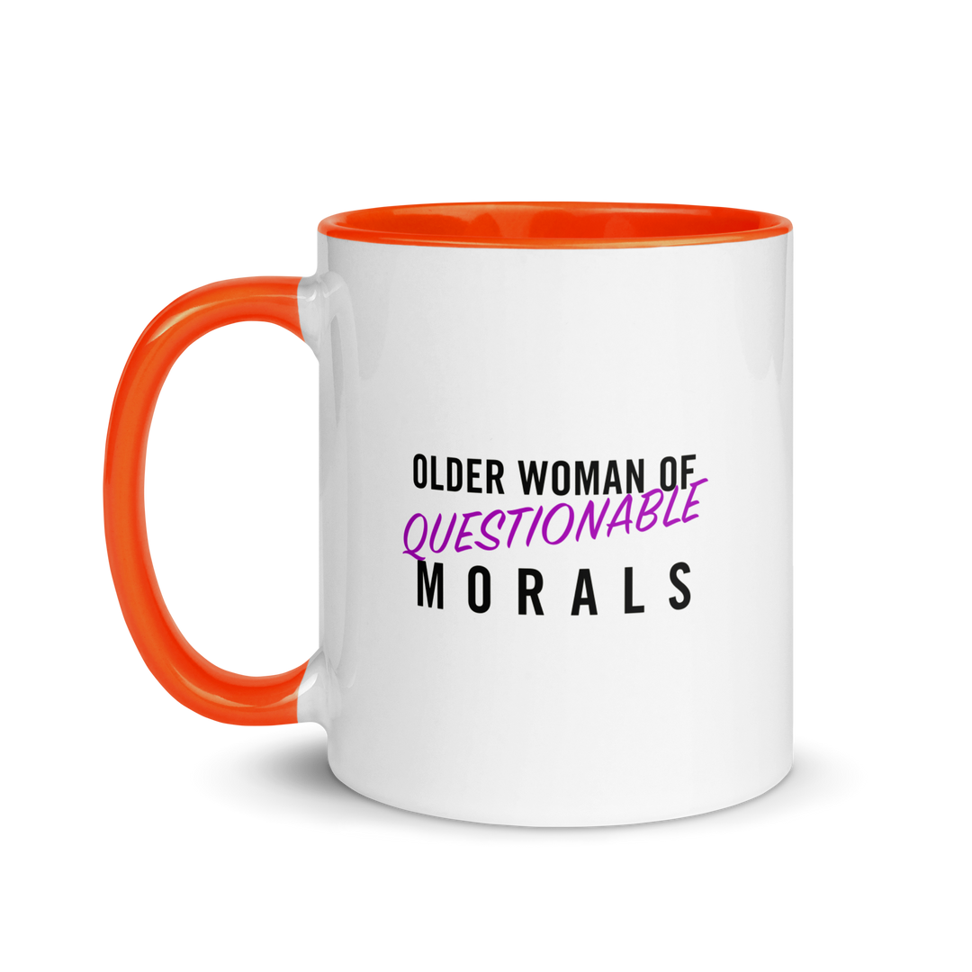 ProductProduct mockup white and deep orange ceramic mug with text 'Older woman of questionable morals'.mockup