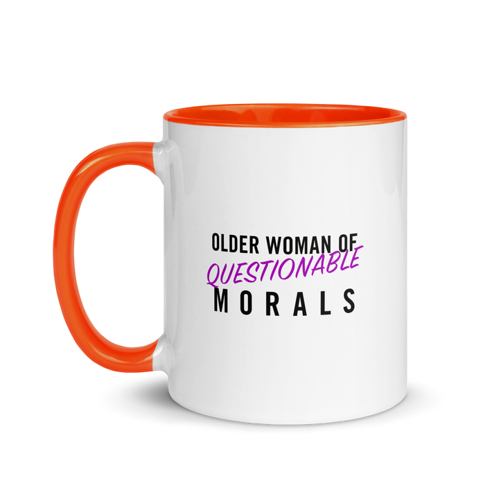 ProductProduct mockup white and deep orange ceramic mug with text 'Older woman of questionable morals'.mockup