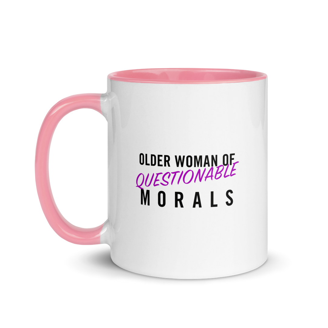 Product mockup white and pink ceramic mug with text 'Older woman of questionable morals'.