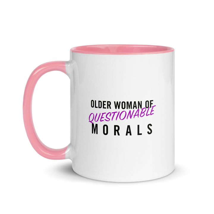 Product mockup white and pink ceramic mug with text 'Older woman of questionable morals'.