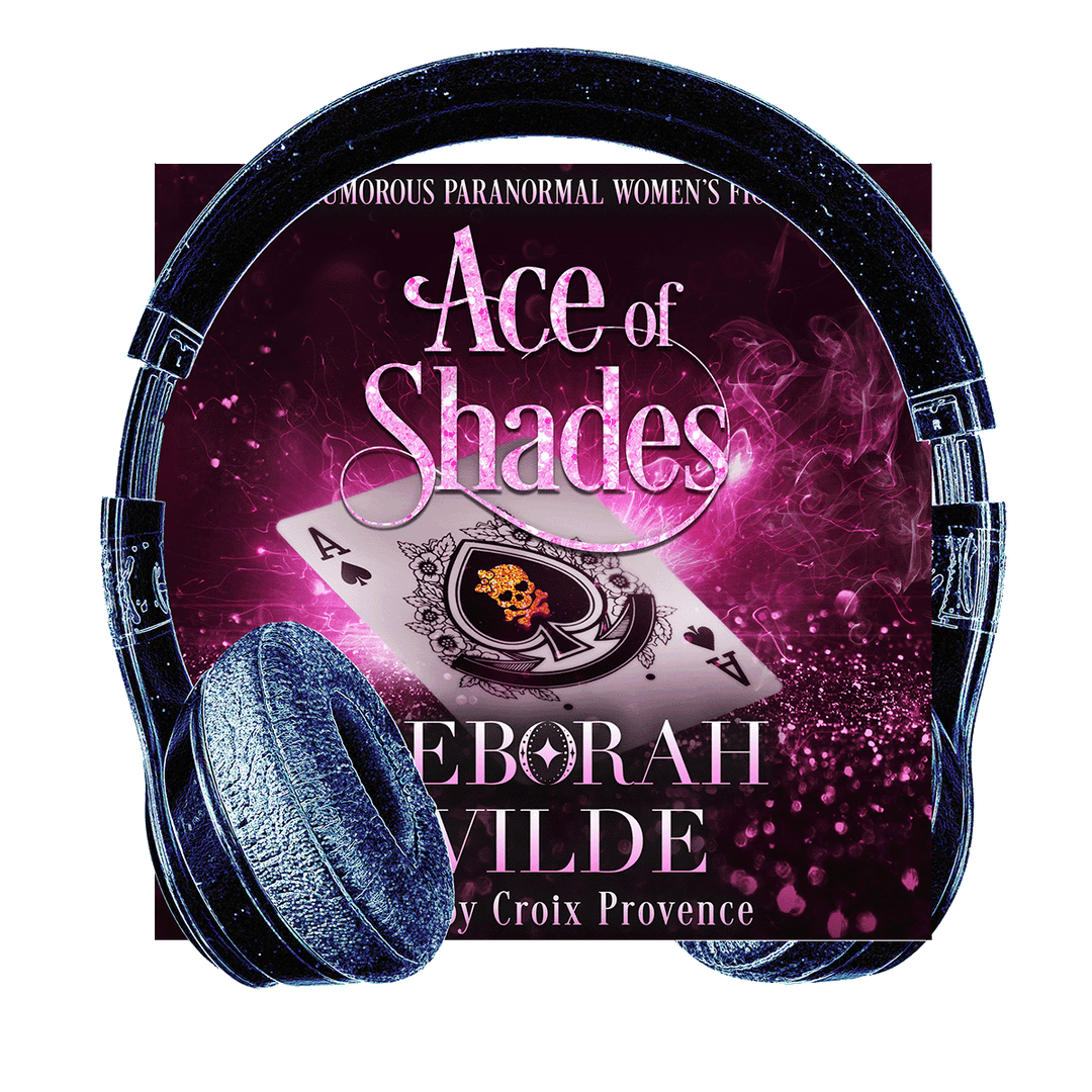 Headpohones surround audiobook cover for "Ace of Shades" by Deborah Wilde.