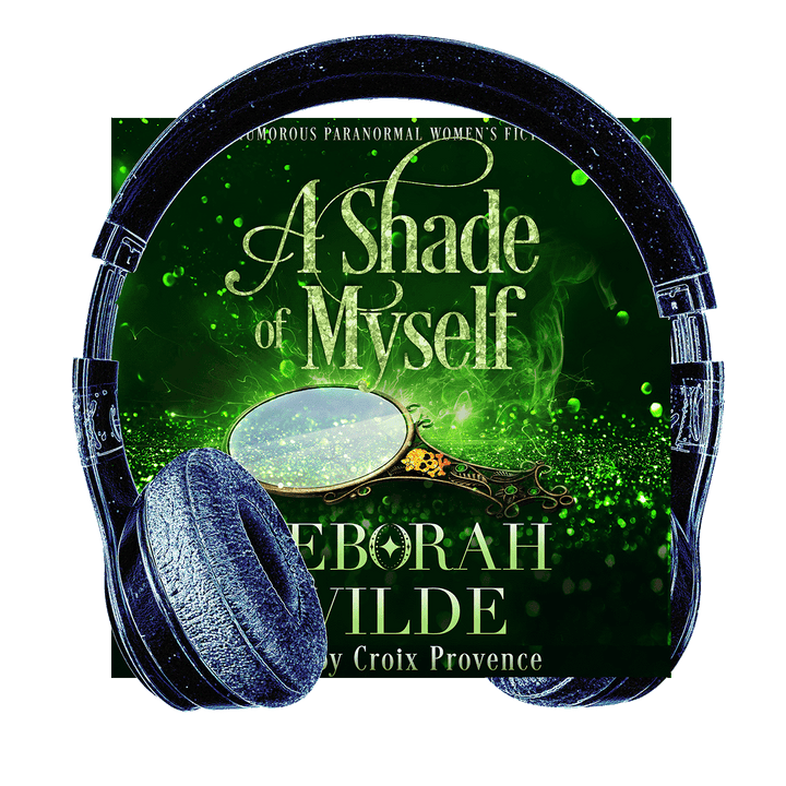 Headphones surround audiobook cover for "A Shade of Myself" by Deborah Wilde.